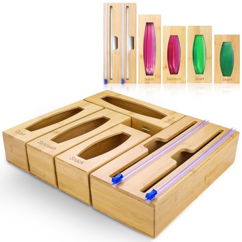 Gamtik Gamtik Individual Storage Bag Organizer for Kitchen Drawer Bamboo with Foil and Plastic Wrap Organizer for Kitchen Organizers and Storage for Gallon Quart Sandwich Snack