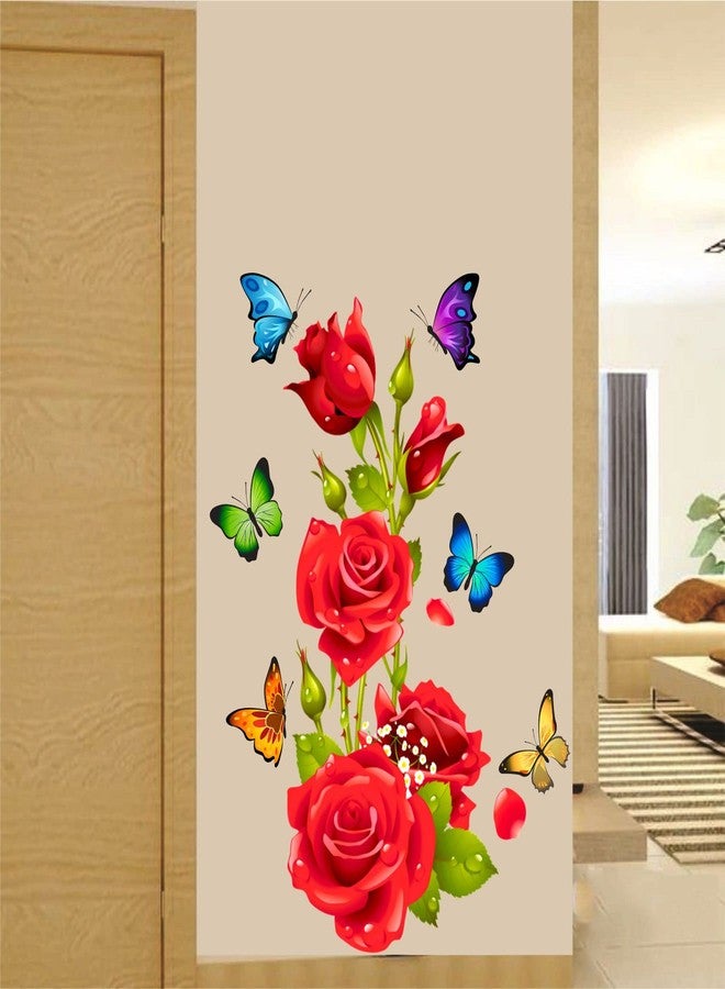 Sticker Yard Red Rose Flower Butterflies Vinyl Wall Stickers Wall Cover (Size 23X29Inch) - Image 1
