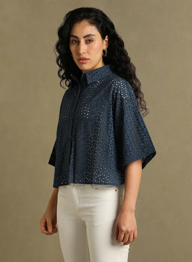 دينيس لينغو Women's White 100% Rayon Striped Oversized Shirt