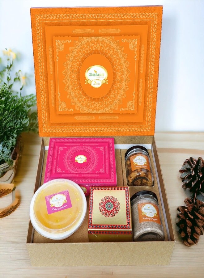 Jaiccha Ghasitaram Gifts Jaiccha Holi Sweets/Holi Hampers/Thandai Ghasitaram Orange Hamper Box with Gujiyas, Thandai, Bhakarwadi, and Ghevar|Gift Hamper| Diwali Gift Hamper|Food Hampers|Gourmet Hampers| - Image 1