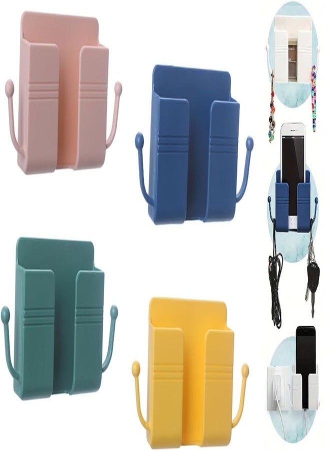 Prostuff.in حامل جداري لاصق ملون للهواتف المحمولة وأجهزة التحكم عن بعد من Prostuff.in®، مزود بخطاف وفتحة لشحن الهاتف، صندوق تخزين متعدد الاستخدامات لغرفة النوم والمطبخ والحمام والمكتب، عبوة من 4 قطع - Image 1