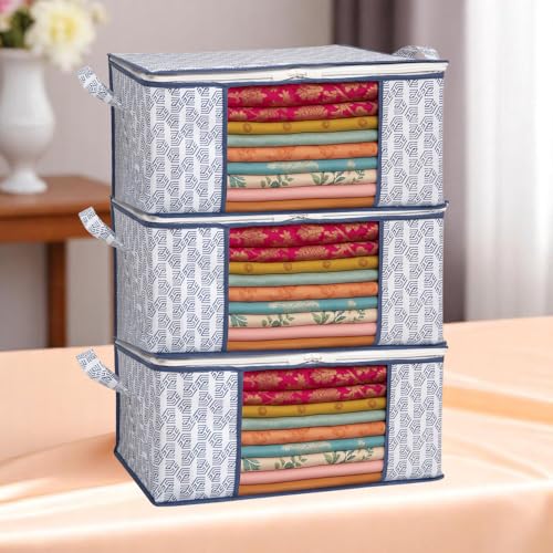 Homestrap Set of 3 Heavy-Duty Clothes Storage Bag – 30L Capacity | Moistureproof & Dustproof Saree Cover Bags | Ideal Wardrobe Organizer for Sarees, Suits, Shirts, Kurtis & More – White - Image 1