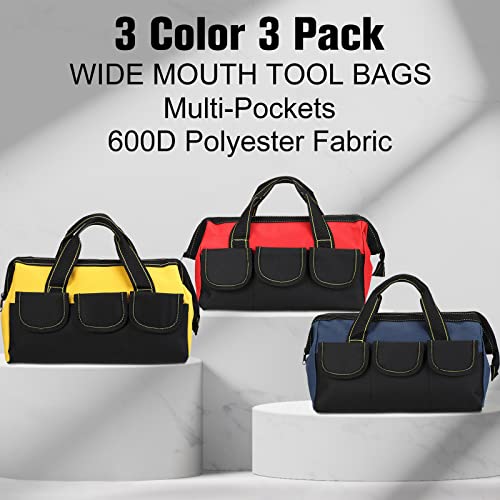 Sanwuta 3 Pack Tool Bag for Men with Waterproof Hard Bottom, Heavy Duty Tool Bag Wide Mouth Tote for Various Instrument, Electrician Carpenter Mechanic(13 Inch,Blue, Red, Yellow) - Image 2