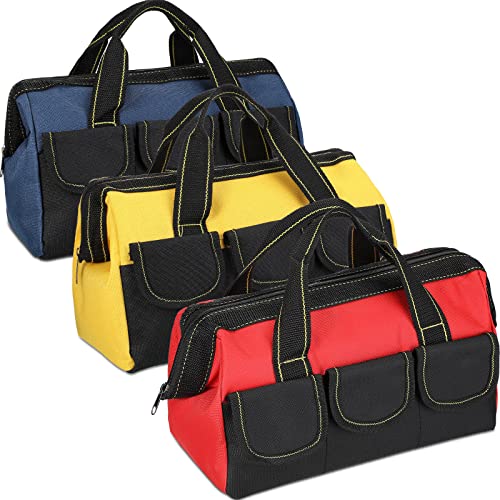 Sanwuta 3 Pack Tool Bag for Men with Waterproof Hard Bottom, Heavy Duty Tool Bag Wide Mouth Tote for Various Instrument, Electrician Carpenter Mechanic(13 Inch,Blue, Red, Yellow) - Image 1