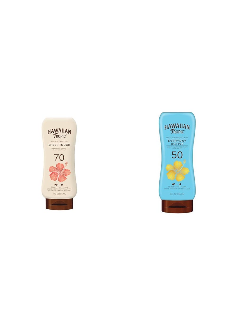 Hawaiian Tropic Hawaiian Tropic Sheer Touch Ultra Radiance SPF 70 and Everyday Active SPF 50 Sunscreen Lotions Bundle 8oz Each  Hawaiian Tropic Sunscreen Bundle 