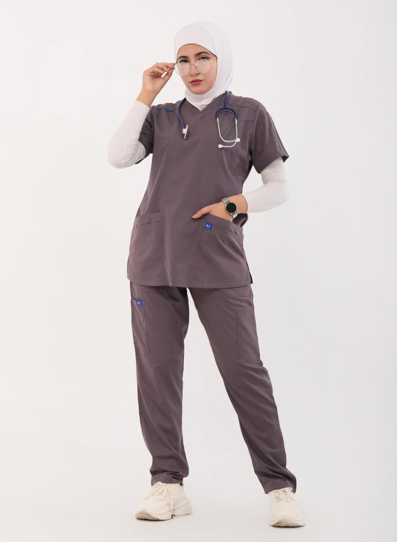 RZ Medical scrubs, comfortable gray Lycra fabric, with many pockets, carefully crafted to maintain their color without fading with repeated washing.  - Image 1