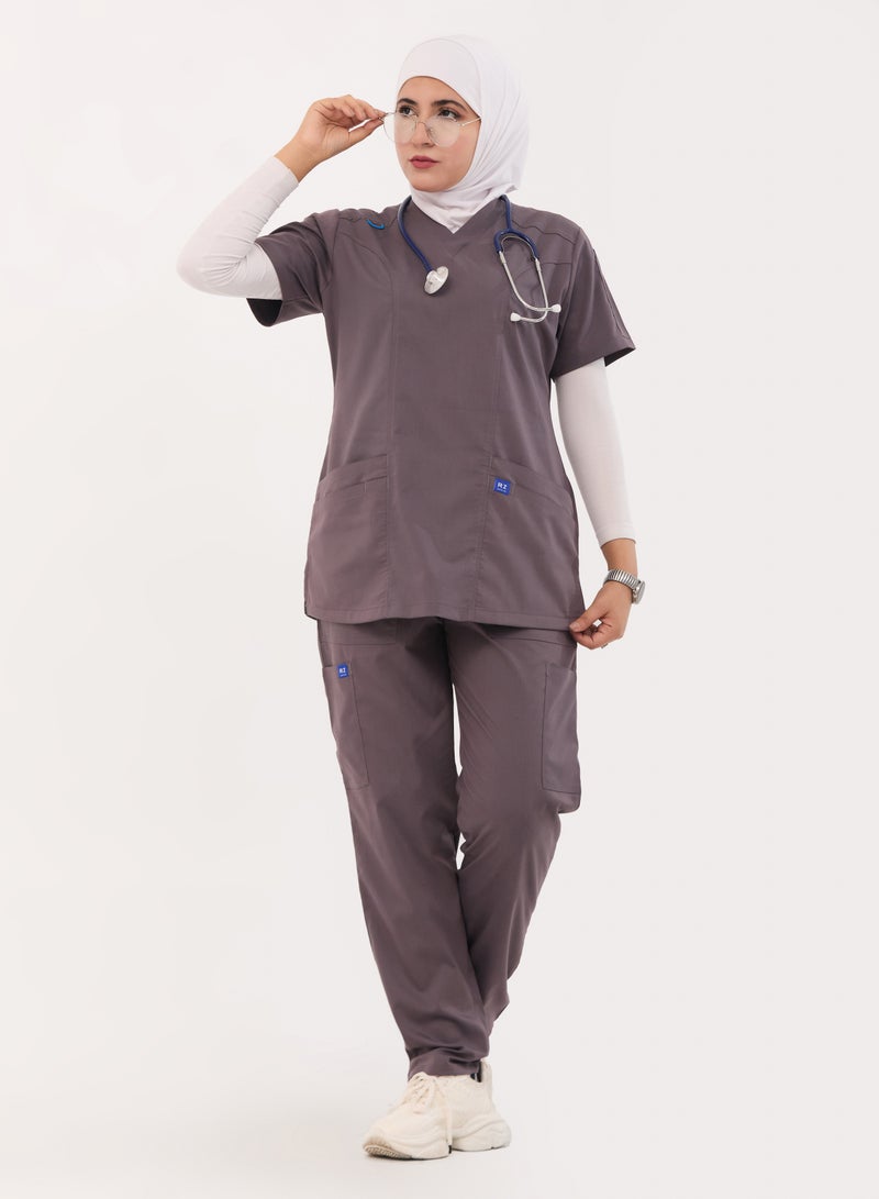 RZ Medical scrubs, comfortable gray Lycra fabric, with many pockets, carefully crafted to maintain their color without fading with repeated washing.  - Image 3