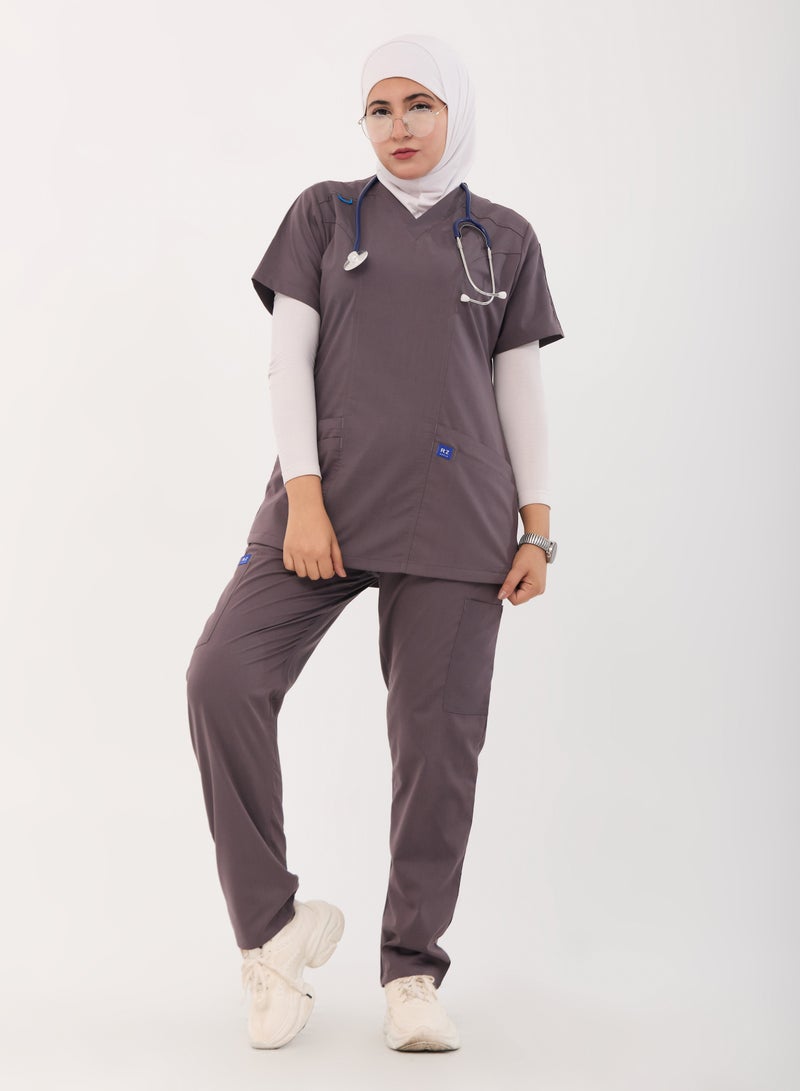 RZ Medical scrubs, comfortable gray Lycra fabric, with many pockets, carefully crafted to maintain their color without fading with repeated washing.  - Image 5