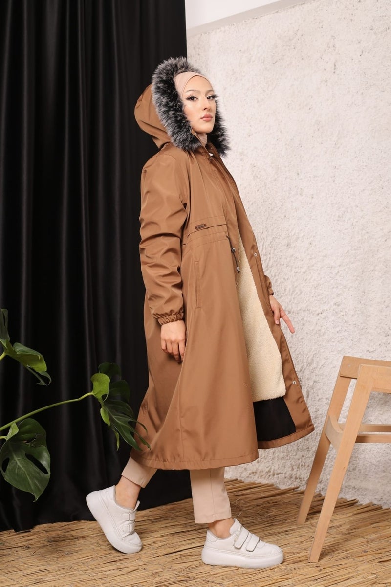 Vibeys Collection Brown Fur Lined and Waterproof Plus Size Oversized Women's Winter Coat & Jacket - Image 1