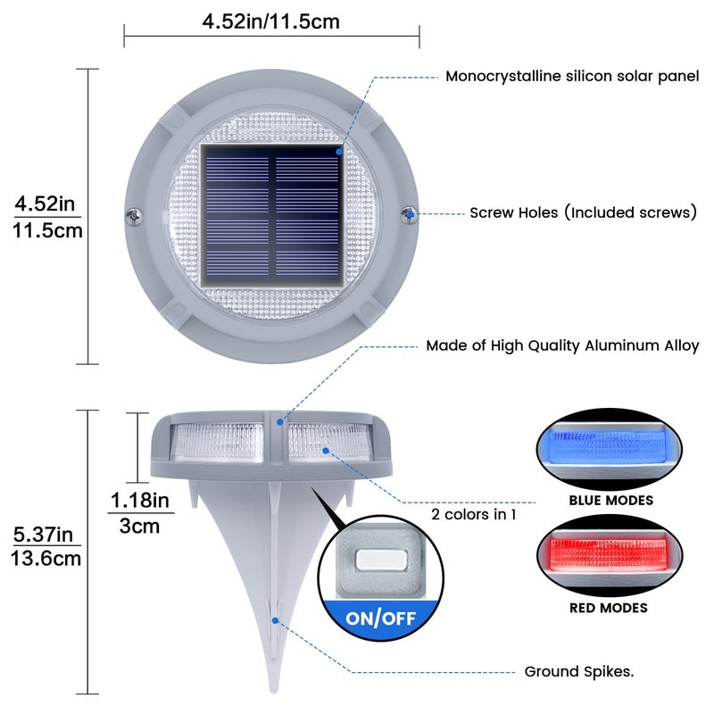 SIEDiNLAR Solar Deck Lights Outdoor 2 Modes 16 LEDs Driveway Markers Dock Light Solar Powered Waterproof for Ground Step Stair Pathway Walkway Garden Yard Road 4 Pack (Blue/Red) - Image 4