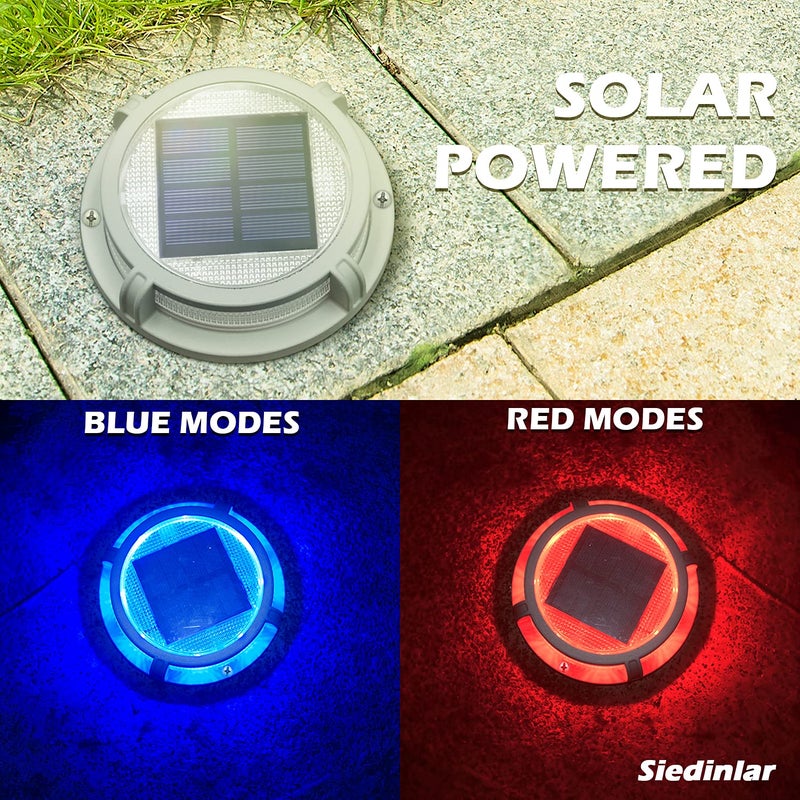 SIEDiNLAR Solar Deck Lights Outdoor 2 Modes 16 LEDs Driveway Markers Dock Light Solar Powered Waterproof for Ground Step Stair Pathway Walkway Garden Yard Road 4 Pack (Blue/Red) - Image 2