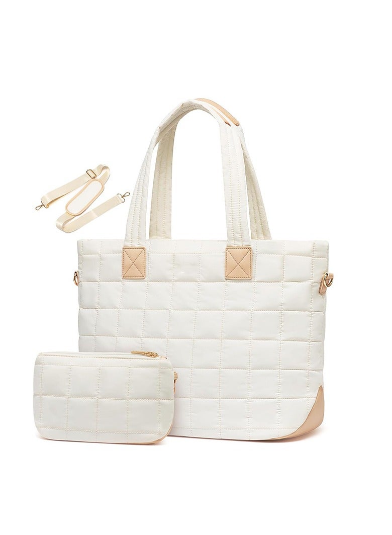 general New Women's Down Tote Bag Laptop Bag Quilted Zipper Fluffy Work Tote Bag (White)  - Image 1
