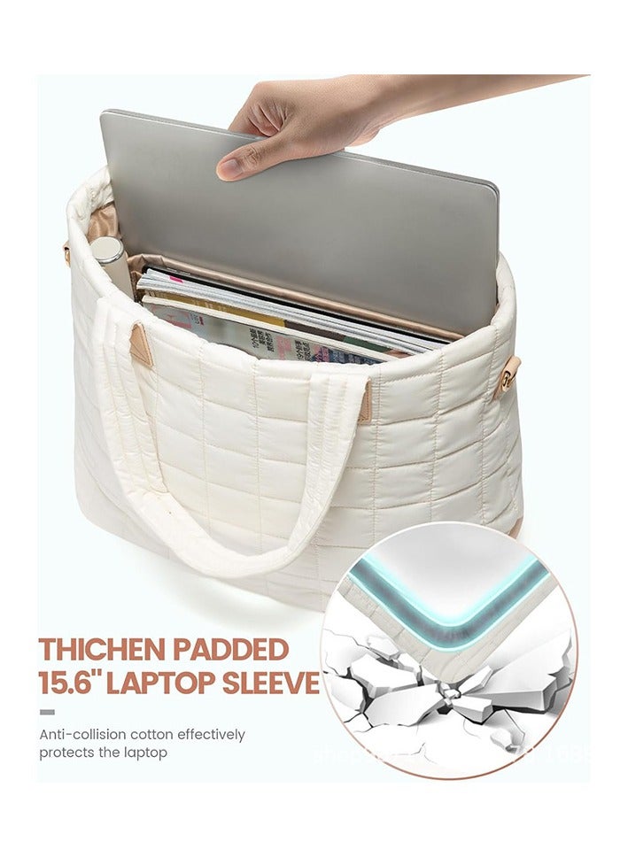 general New Women's Down Tote Bag Laptop Bag Quilted Zipper Fluffy Work Tote Bag (White)  - Image 2