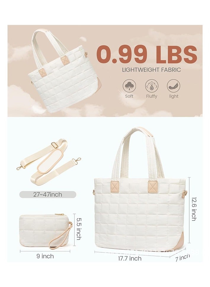 general New Women's Down Tote Bag Laptop Bag Quilted Zipper Fluffy Work Tote Bag (White)  - Image 3