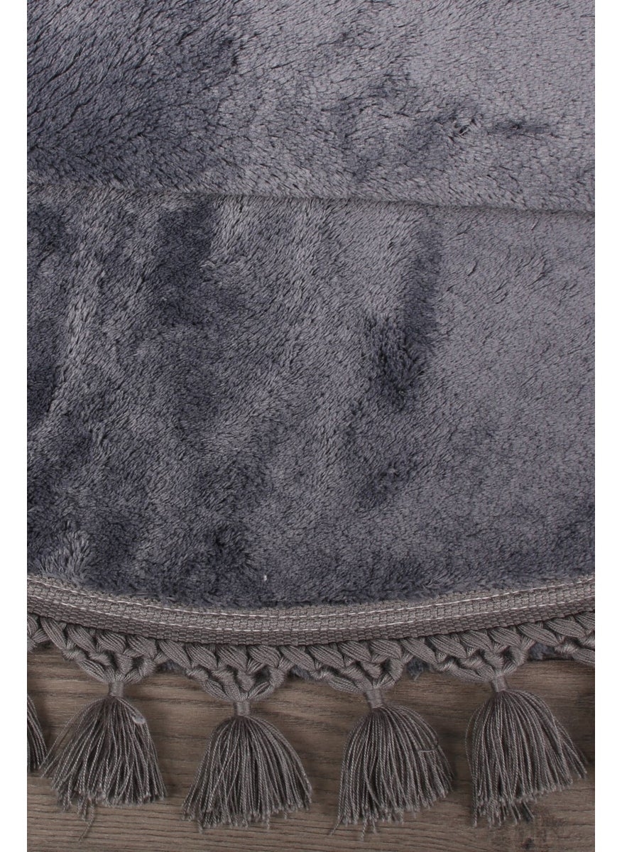 Bonny Home Relax Anthracite Round 120X120 cm Pompom Fringed Non-Slip Based Machine Washable Bath Mat  - Image 5