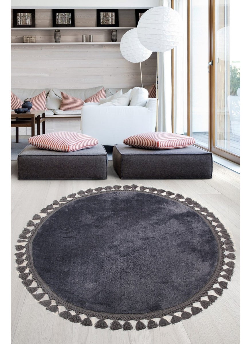 Bonny Home Relax Anthracite Round 120X120 cm Pompom Fringed Non-Slip Based Machine Washable Bath Mat  - Image 1