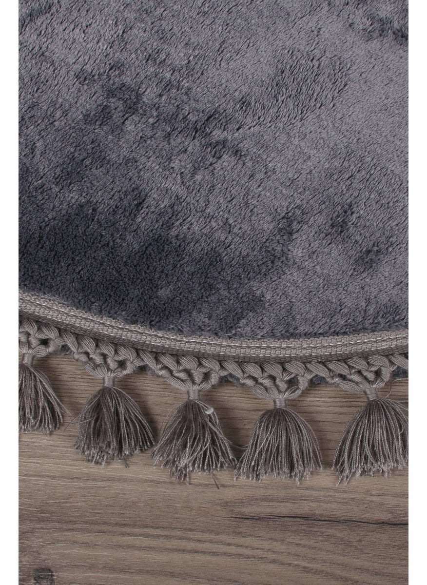 Bonny Home Relax Anthracite Round 120X120 cm Pompom Fringed Non-Slip Based Machine Washable Bath Mat  - Image 2