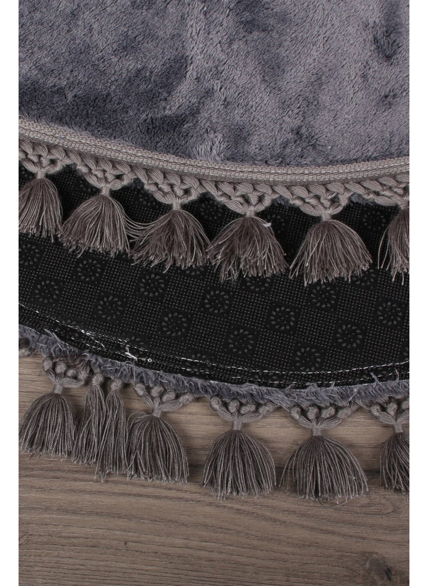 Bonny Home Relax Anthracite Round 120X120 cm Pompom Fringed Non-Slip Based Machine Washable Bath Mat  - Image 4