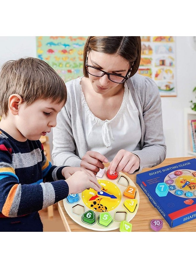 Smoneo - Wooden Shape Color Sorting Clock Teaching Time Number Blocks Stacking Sorter Simple Patterns Puzzle Montessori Early Learning Educational Toy Gift For 3 Year Old Toddler Baby Kids - Image 1