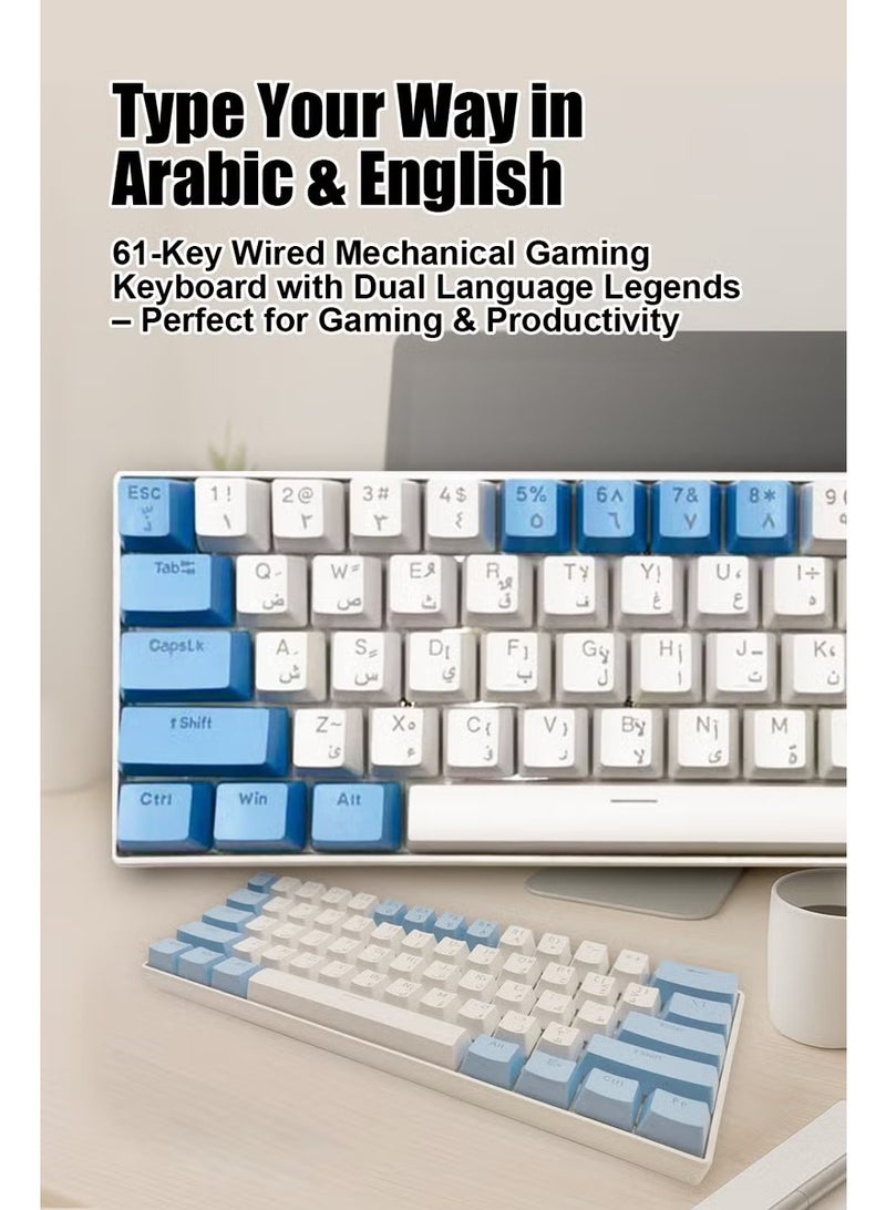 م.ا & ف'س لوحة مفاتيح ميكانيكية للألعاب، 61 مفتاحًا باللغتين العربية والإنجليزية، مفاتيح زرقاء قابلة للتبديل السريع، معدل استطلاع 1000 هرتز واستجابة أقل من 1 مللي ثانية، إضاءة خلفية RGB، مريحة لنظامي التشغيل Windows وMac (أزرق-أبيض) - Image 2