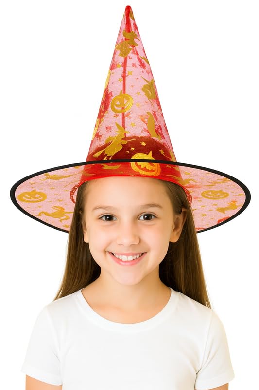 YUPPIN Red Witch Hat with Golden Print – Fancy Halloween Costume Hat for Kids & Adults Party Cosplay - Image 1