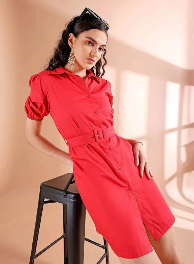 Women Regular Fit Solid Round Neck Short Sleeve Shirt Dress