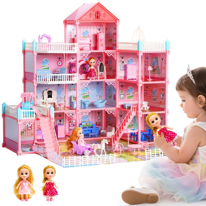 HOLYFUN Huge Dollhouse for Girls Large Pretend Play Doll House for Kids with Dolls Furniture - Image 3