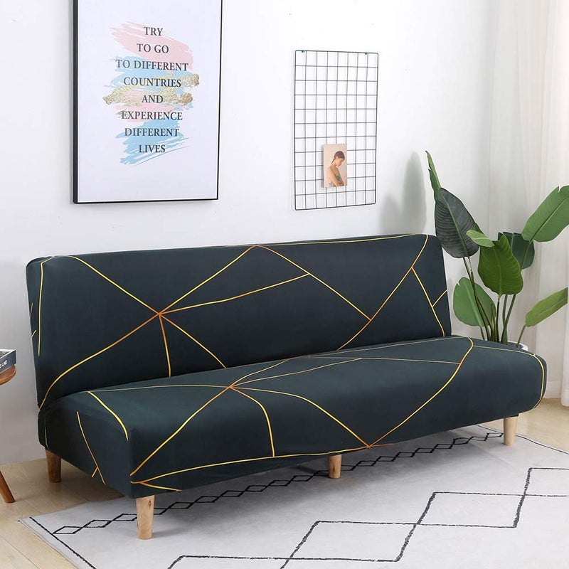 MIFXIN Armless Sofa Cover Futon Slipcover Stretch Spandex Washable Folding Sofa Bed Non-Armrest Couch Furniture Protector Sofa Slip Cover Without Armrests (Green Gold Strip) - Image 5