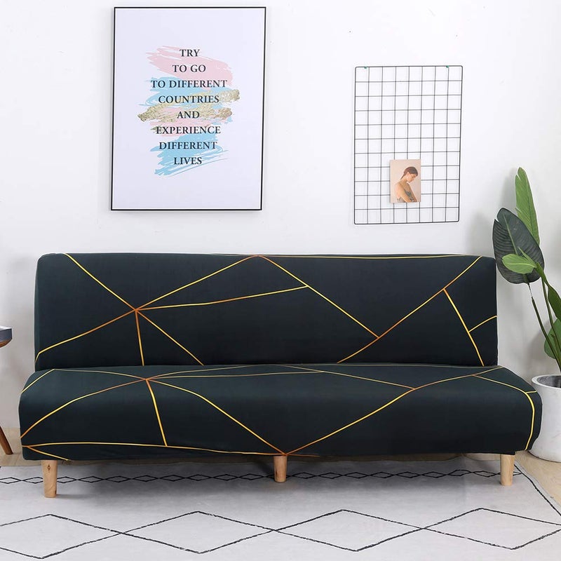 MIFXIN Armless Sofa Cover Futon Slipcover Stretch Spandex Washable Folding Sofa Bed Non-Armrest Couch Furniture Protector Sofa Slip Cover Without Armrests (Green Gold Strip) - Image 2