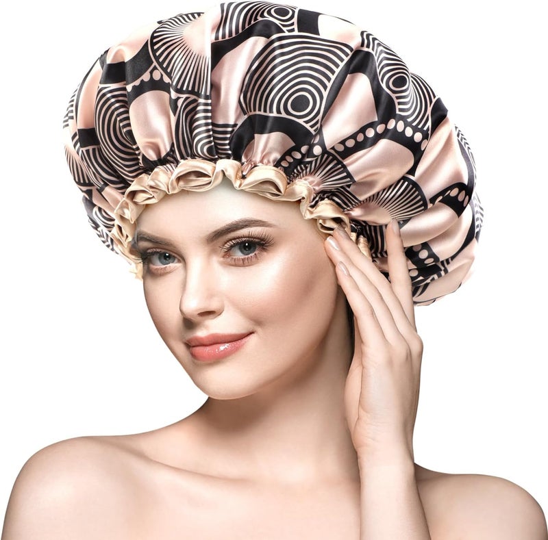 mikimini Reusable Shower Cap for Women with Long Hair SecureFit Elastic Band Champagne Print Large DoubleLayer Waterproof and Washable Hair Cover for Thick Hair