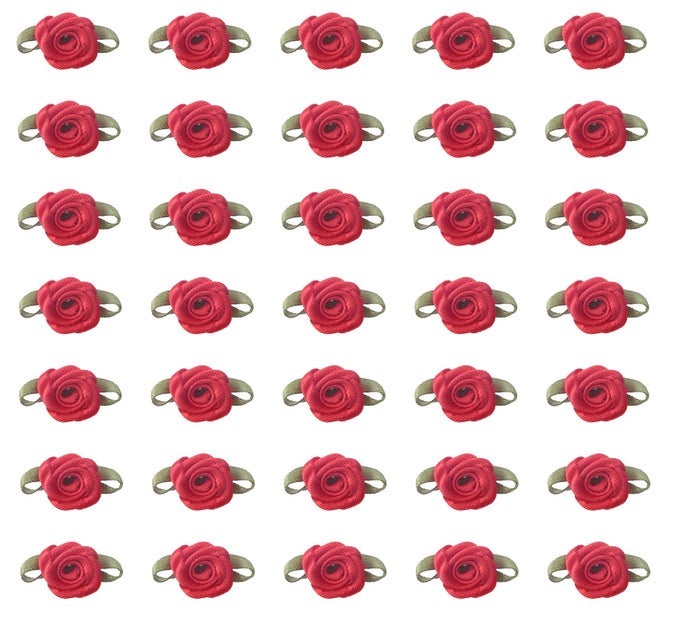 50 PCS SATIN ROSES WITH GREEN LEAVES MINI CUTE RIBBON BOWS FABRIC ARTIFICIAL FLOWER SUPPLIES ORNAMENT APPLIQUE FOR DIY CRAFTING SEWING WRAPPING WEDDING DECORATION RED