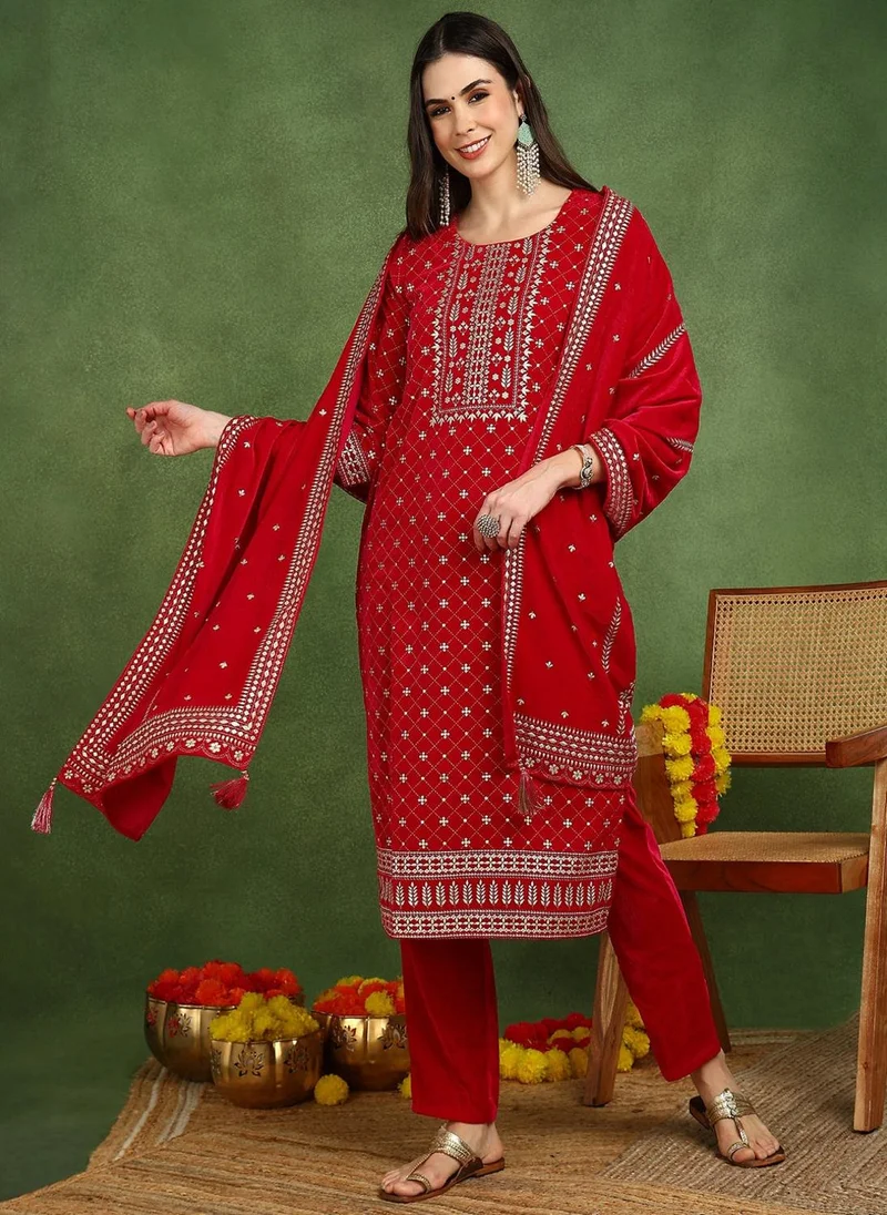 ZERESOUQ Pink Velvet Ethnic Motifs Printed Straight Straight 3-Piece Suit Set