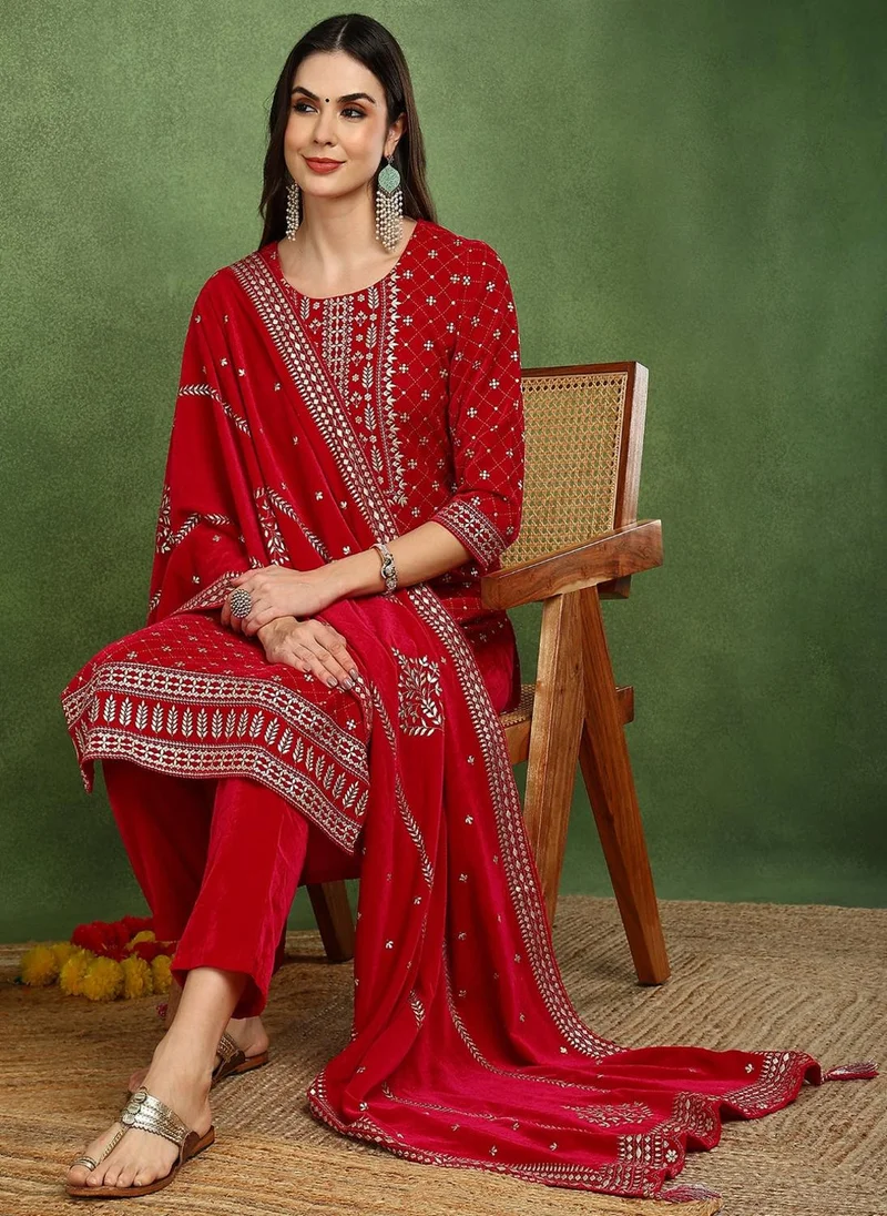 ZERESOUQ Pink Velvet Ethnic Motifs Printed Straight Straight 3-Piece Suit Set