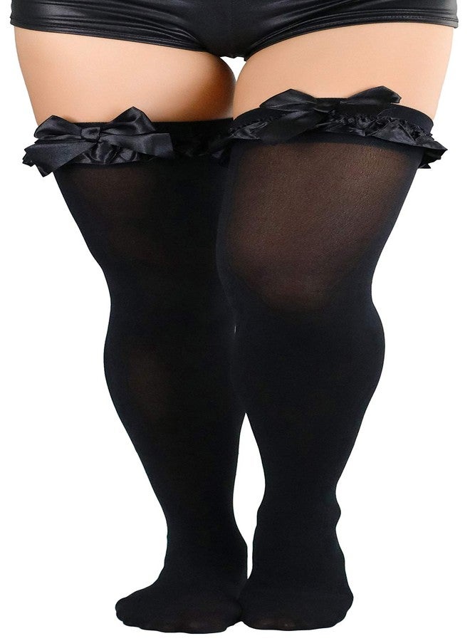 ToBeInStyle Women's Nylon Satin Ruffle & Trim Bow Thigh Highs - Black - OneSize - Image 1