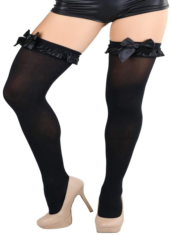 ToBeInStyle Women's Nylon Satin Ruffle & Trim Bow Thigh Highs - Black - OneSize - Image 5