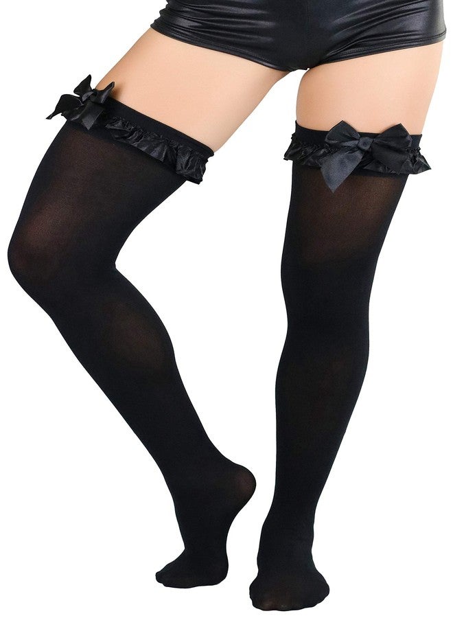 ToBeInStyle Women's Nylon Satin Ruffle & Trim Bow Thigh Highs - Black - OneSize - Image 4