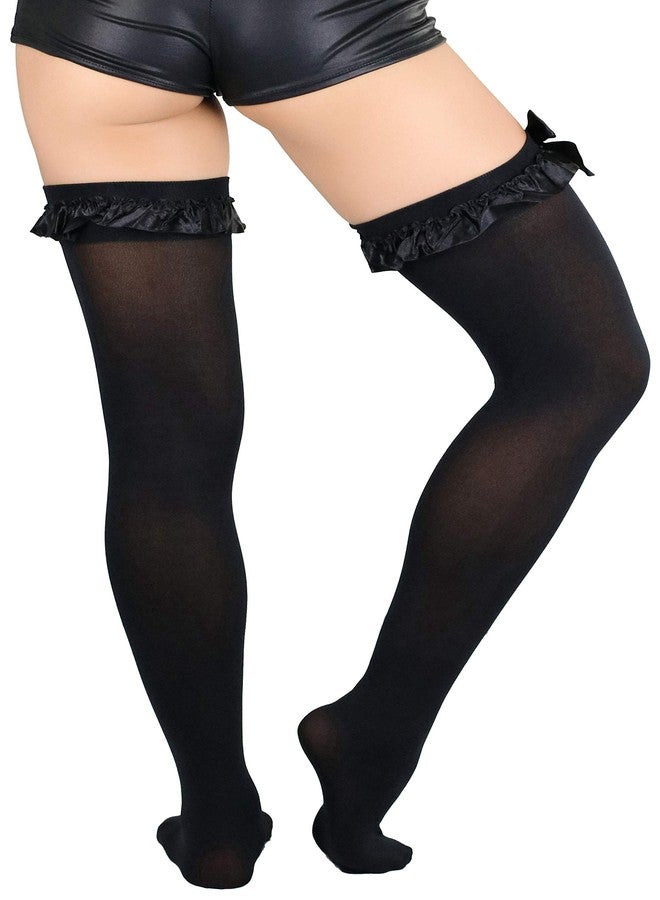 ToBeInStyle Women's Nylon Satin Ruffle & Trim Bow Thigh Highs - Black - OneSize - Image 2