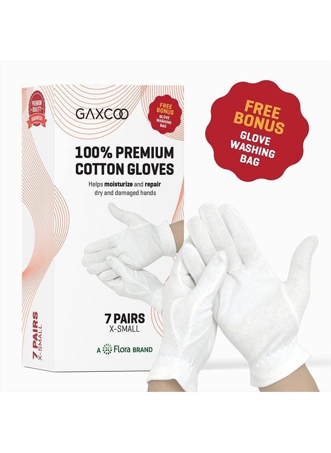 Gaxcoo - XSmall 100% Premium Cotton Moisturizing Gloves for Dry Hands & Eczema | Overnight Lotion, Sleep & Spa Treatment for Women & Men | Reusable, Washable - Free Washing Bag (White - XS - 7 Pairs - Image 1