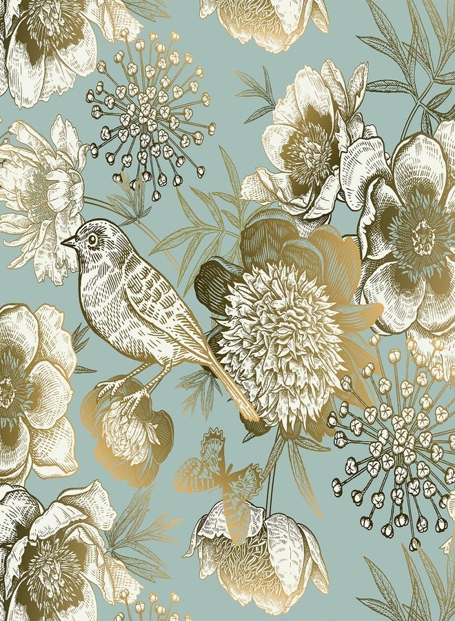VaryPaper Vintage Gold Floral Bird Wallpaper Peel and Stick 17.7''x78.7'' Luxury Peony Butterfly Floral Contact Paper for Cabinets Waterproof Removable Decorative Vinyl Wall Paper for Bedroom Bathroom - Image 1