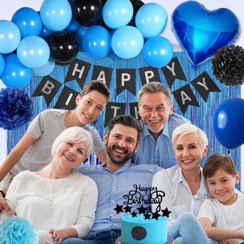 YGBMDZ Blue and Black Happy Birthday Party Decorations kit for Boys Men Women with Happy Birthday Banner, Fringe Curtain,Foil Balloons,Cake Topper for birthday decor (blue black) - Image 4