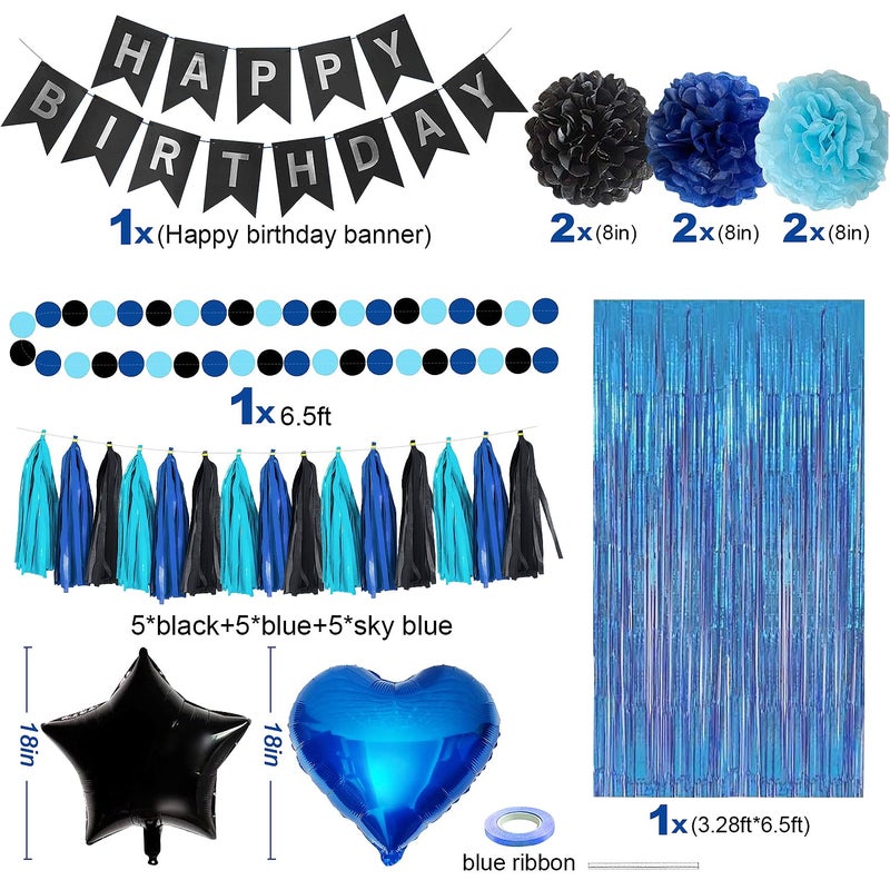 YGBMDZ Blue and Black Happy Birthday Party Decorations kit for Boys Men Women with Happy Birthday Banner, Fringe Curtain,Foil Balloons,Cake Topper for birthday decor (blue black) - Image 2