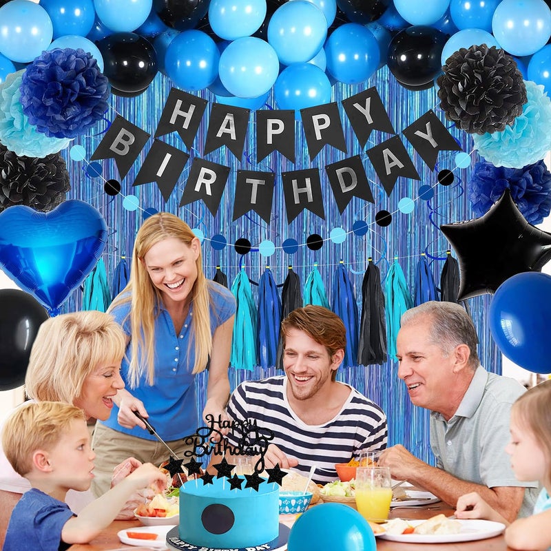 YGBMDZ Blue and Black Happy Birthday Party Decorations kit for Boys Men Women with Happy Birthday Banner, Fringe Curtain,Foil Balloons,Cake Topper for birthday decor (blue black) - Image 5