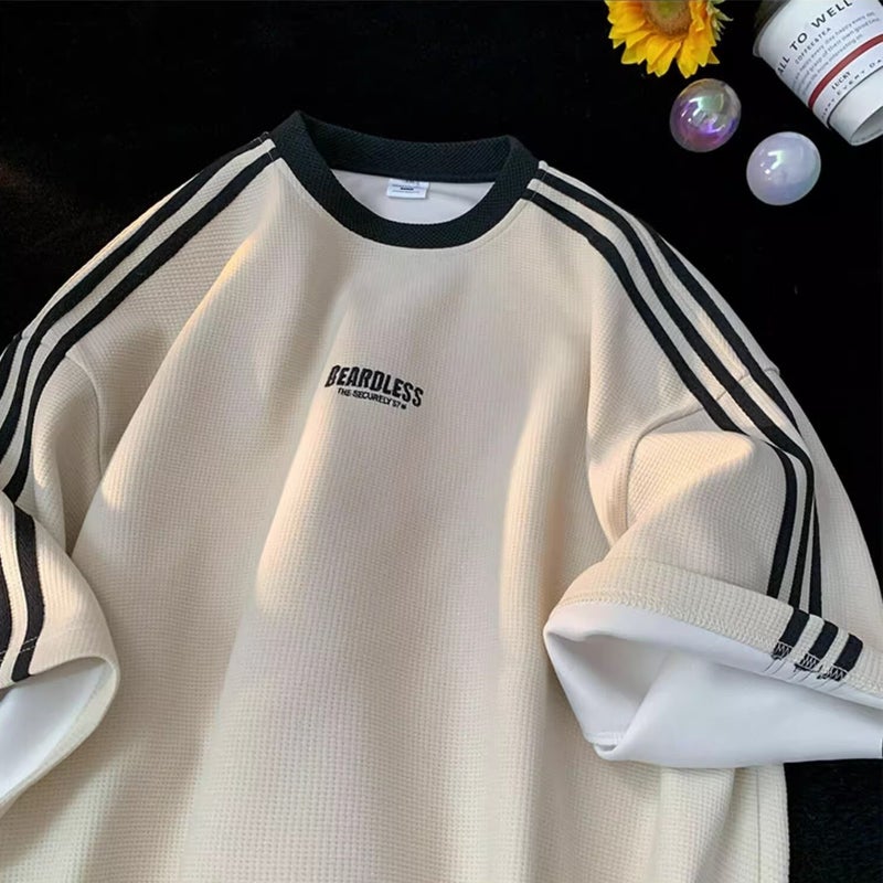 2024 American Retro Round Neck Trendy Jersey Mens and Womens Loose Trendy Brand Three Bars Quick-drying Sports Short-sleeved T-shirt Y26 Black - Image 4