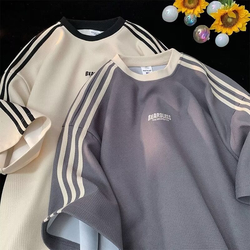 2024 American Retro Round Neck Trendy Jersey Mens and Womens Loose Trendy Brand Three Bars Quick-drying Sports Short-sleeved T-shirt Y26 Black - Image 5