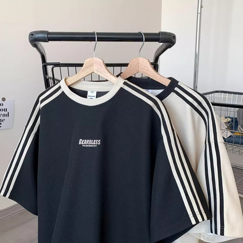 2024 American Retro Round Neck Trendy Jersey Mens and Womens Loose Trendy Brand Three Bars Quick-drying Sports Short-sleeved T-shirt Y26 Black - Image 3