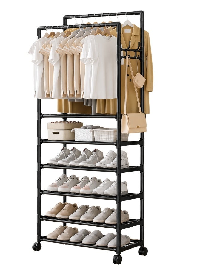 Multi-Purpose Metal Garment Rack 188 × 56 × 33 cm with Dual Hanging Rails and 5 Storage Shelves – Rolling Clothes Organizer for Shoes, Bags and Accessories, Heavy Duty Rust-Resistant Clothing Rack - Image 1