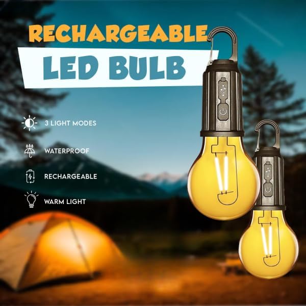 PRO365 Camping Bulb, 3 Light Modes, USB Charging Cable Provided, Ideal for Travel, Car Repair, Construction Sites (2 Bulbs, Rechargable) - Image 2
