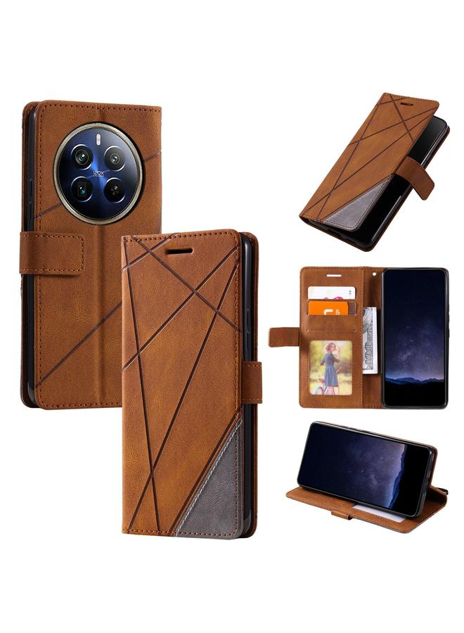 For Realme 12 Pro+ Skin Feel Splicing Leather Phone Case(Brown)