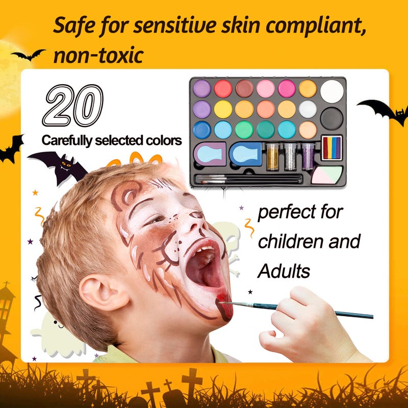 Maydear Face Painting Kit for Kids - 20 Colors Water Based Makeup Palette with Stencils, Glitters, Rainbow Split Cake, Hair Dye Clips, for Parties, Halloween, Safe Professional Body & Face Paint Kit - Image 5
