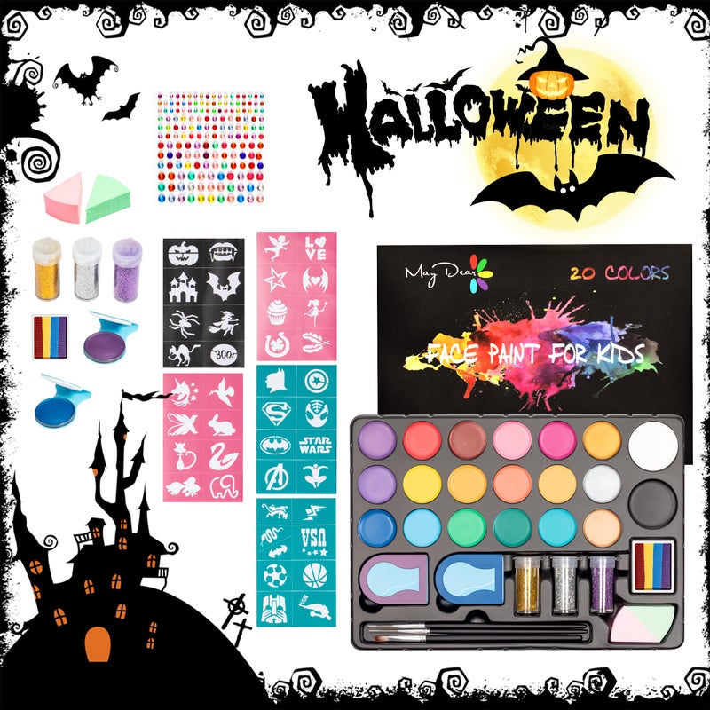 Maydear Face Painting Kit for Kids - 20 Colors Water Based Makeup Palette with Stencils, Glitters, Rainbow Split Cake, Hair Dye Clips, for Parties, Halloween, Safe Professional Body & Face Paint Kit - Image 2